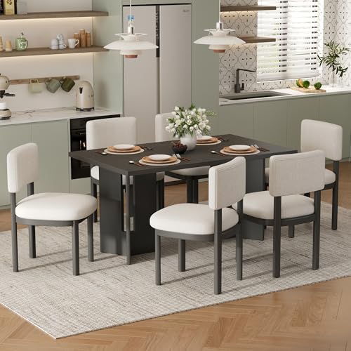 VilroCaz 7-Piece Farmhouse Wood Dining Set, 60" Rectangular Dining Table and with 6 Upholstered Chairs for Dining Room, Kitchen and Living Room, Cutout Table Legs (Gray-27K) by VilroCaz