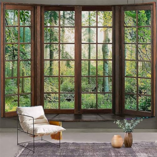 Green Forest Window Tapestry Natural Scenery Tapestry for Bedroom 90"x 84" by Aidatain