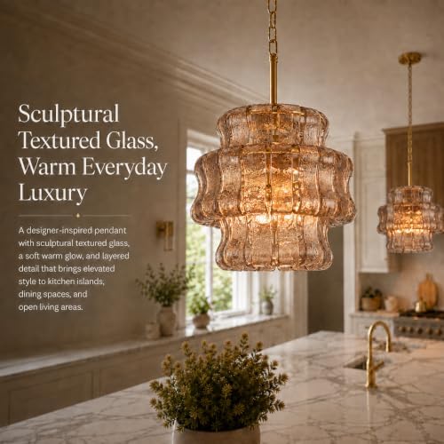 12.5-Inch Smoked Glass Pendant Light, 3-Light Brass Kitchen Island Pendant - Image 5