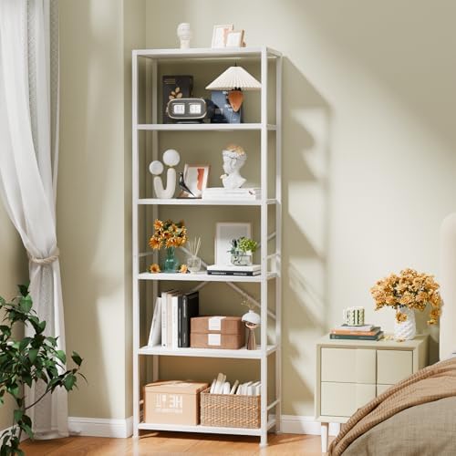 Furologee 6 Tier Bookshelf, Wide Metal Bookcase, White - Image 2