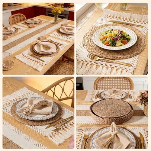 32 Pcs Boho Placemats Table Setting Set (6 Sets),Hand-Woven Natural Water Hyacinth Mats,Cloth Napkins,Napkin Rings,Linen Runner,Storage Basket&Coasters,Boho Kitchen Decor Dining Table Decor - Image 6