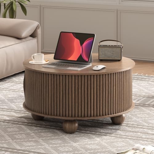 JOINICE 31.5" Round Coffee Table with Storage,Unique Bun Feet,Walnut Finish - Image 5