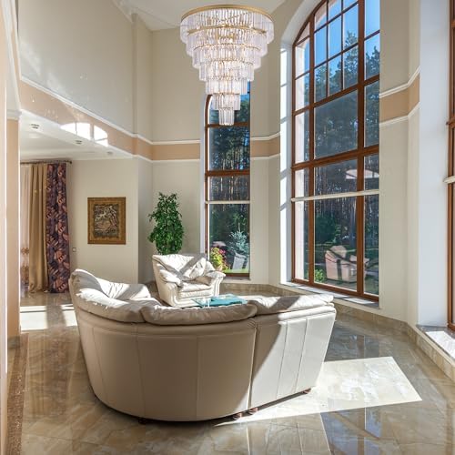 TOCHIC Large Crystal Chandelier for High Ceiling, 40-inch 7-Tier Modern Gold Crystal Chandeliers Lighting Fixture, Raindrop K9 Round Light for Entryway Staircase Foyer Living Bedroom Dining Room - Image 2