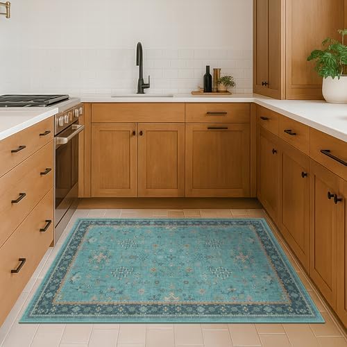 Washable Teal Rugs for Entryway Indoor - 3x5 Throw Rug for Large Kitchen, Bedroom Bedside, Bathroom, Mudroom, Boho Turquoise Modern Décor, Non Slip Low Pile Fade Resistant - Image 6