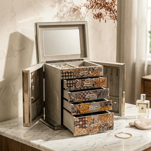 High End Glass Jewelry Box for Women, 5 Layer, Brown - Image 4
