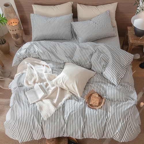 MooMee Striped Duvet Cover Set 100% Washed Cotton Linen Like Oversized King - Image 5