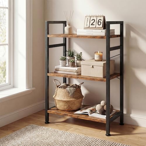 DUMOS 3 Tiers Open Bookshelf, Classic Freestanding Tall Display Shelf, Multifunctional Storage Organizer Rack for Living Room Home Office, Sturdy Bookcase for CDs/Books/Movies, Brown - Image 2