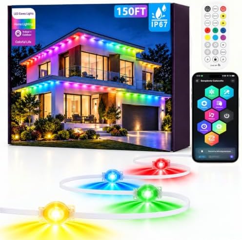 150Ft Permanent Outdoor Lights, RGB+IC Smart LED Eave Lighting with App/Remote Control,IP67 Waterproof,16 Million Colors,Scene Modes, DIY Music Sync, for Christmas, Holiday & Party Decor by Sxlofty