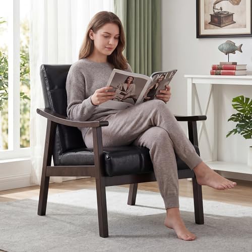 Leather Accent Chair, Mid Century Modern Armchair, Solid Wood Arm Chair, Upholstered Comfy Reading Chair for Living Room, Bedroom, Waiting Room, Black - Image 3