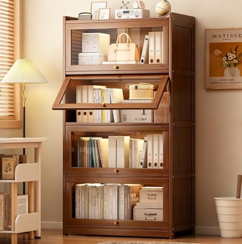 55" Bamboo Bookcases,Book Shelfs with Acrylic Doors,Freestanding Display Storage Shelves for Collectibles,4 Tier Tall Bookshelfs & Bookcases for Living Room Bedroom Home Office by Displaycabinet