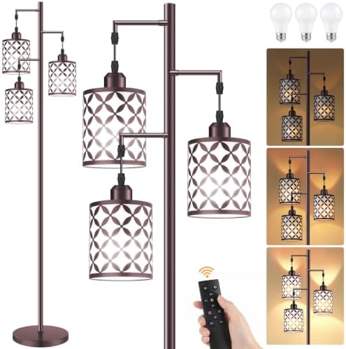 72" Dimmable Floor Lamp with Remote & Timer, Industrial Farmhouse Rustic Standing Lamp for Living Room Bedroom, 3 Individually Controlled Heads, 2 Height Options, 3 x LED Bulbs Included by GHOOCEMLUX