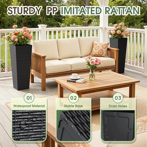 Greesum 32 Inch Tall Plastic Planters with Rattan Texture – Set of 2, Black - Image 2