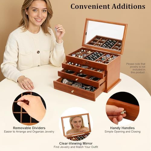 Large Wooden Jewelry Box with Mirror, 4 Layers Jewelry Organizer with 3 Drawers, Watches Necklace Ring Storage Box for Women - Image 4