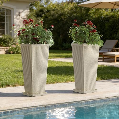Square Tall Planters for Outdoor Plants with Tray - 24" Beige 2Pack - Image 7