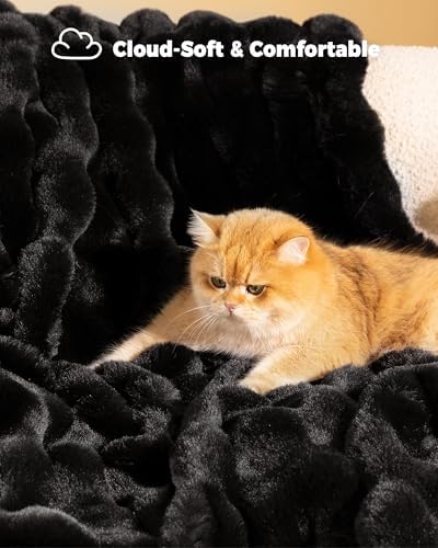 Ultra Soft Cozy Faux Fur Throw Blanket, Fuzzy Plush Thick Bubble Blanket, Oversize Luxury Fluffy Blanket for Couch, Bed, and Living Room, 60x80 Inches, Black - Image 3