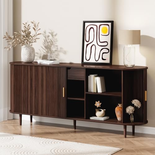 71" Sideboard Buffet Cabinet with Storage,Large Credenza with Sliding Doors and 1 Drawer,Mid Century Modern Coffee Bar Cabinet with Adjustable Shelves for Dining Room, Kitchen, Living Room (Walnut) by DHHFurnitureBuyNow