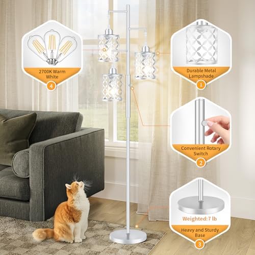 72" Modern Tree Floor Lamp, Dimmable Minimalist Tall Standing Lamp with Metal Cages & Rotary Dimmer Knob, Corner Decor Lighting for Living Room Bedroom Cafe, 3 x 800LM Bulbs Included-Silver - Image 5