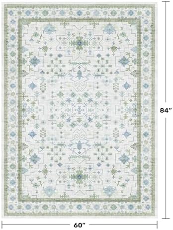 Hazo Haus Oushak Area Rug for Bedroom 5x7 - Blue and Green Vintage Boho Floral Geometric, Washable Low Pile Non Slip Area Rugs for Nursery Room, Foyer, Cozy Aesthetic Room Decor - Image 2