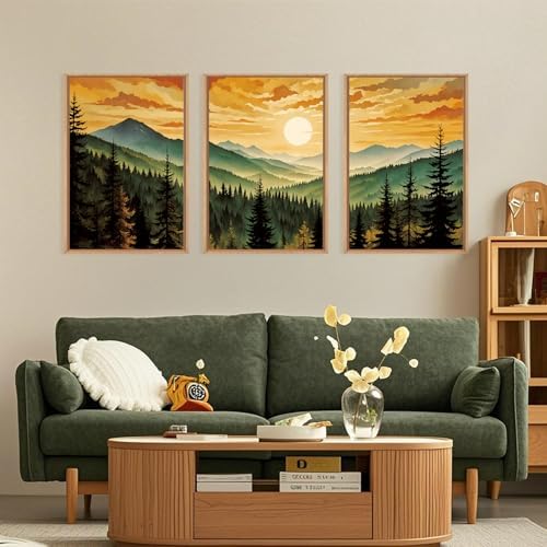 LHIUEM Large Boho Sunset Mountain Framed Canvas Wall Art,Retro Pine Tree Wall Decor,Nature Foggy Forest Wall Painting,Bohemian Landscape Artwork for Living Room,Bedroom,Dining Room,Office -16"x24"x3 - Image 2