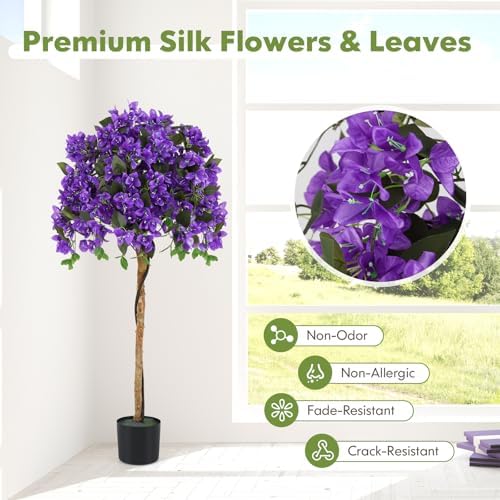 Goplus 53” Bougainvillea Artificial Tree, Faux Silk Flower Tree in Pot w/ 576 Flowers, 288 Leaves, Tall Fake Floor Plant, Artificial Plants for Indoor Outdoor Bedroom Living Room Decor, Purple - Image 3