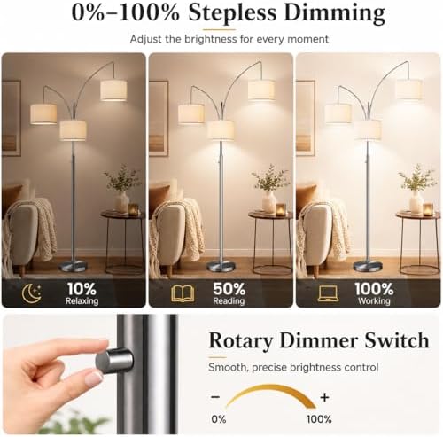 Nintiue Dimmable Floor Lamp - 3 Lights Brushed Nickel Arc Floor Lamps for Living Room,1000LM Modern Tall Standing Lamp with White Shades,Mid Century Tree Floor Lamp for Bedroom,3 LED Bulbs Included - Image 4