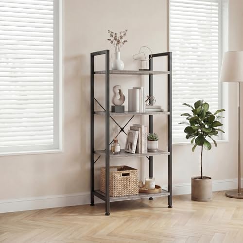 DUMOS 4 Tiers Open Bookshelf, Classic Freestanding Tall Display Shelf, Multifunctional Storage Organizer Rack for Living Room Home Office, Sturdy Bookcase for CDs/Books/Movies, Wood Grey - Image 2