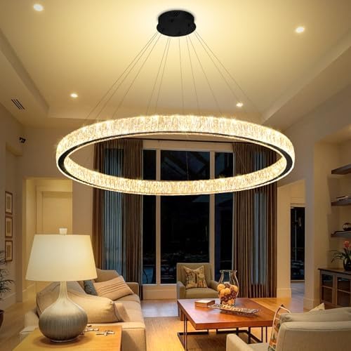 Modern LED Dimmable Crystal Chandelier 47.5" Ring Pendant Light Adjustable Round Chrome Crystal Chandelier Light Fixtures for Dining Room Living Room by IDEQUY