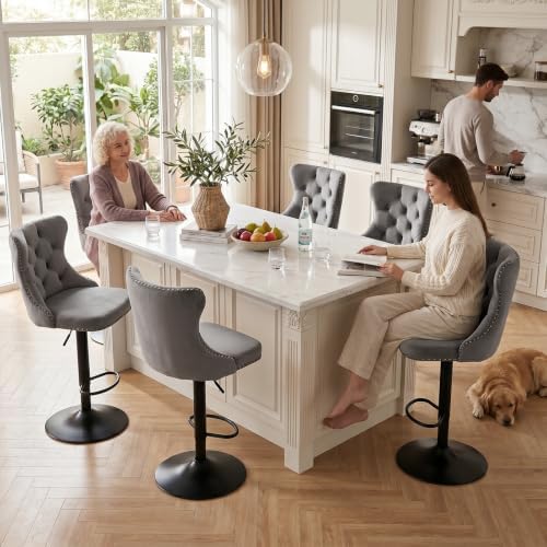 SoarFlash Velvet Bar Stool Set of 6, Adjustable Swivel Bar Stools with Black Metal Leg, Button Tufted, Footrest, Chrome Nailhead, Counter Height Chair for Kitchen, Bar, Dining Room (Grey) - Image 3