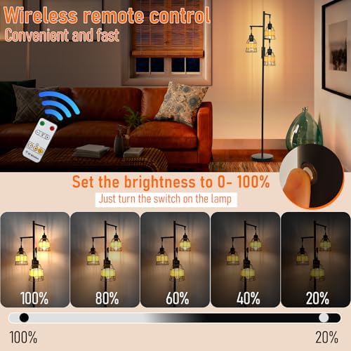 Rattan Boho Rechargeable Cordless Floor Lamp with Remote Dimmable 3 Bulb Edison E26 Brown Warm Light Vintage Standing Lamp for Bedroom,Outdoor,Living Room Rustic,Patio,Farmhouse,60.6" Black - Image 2