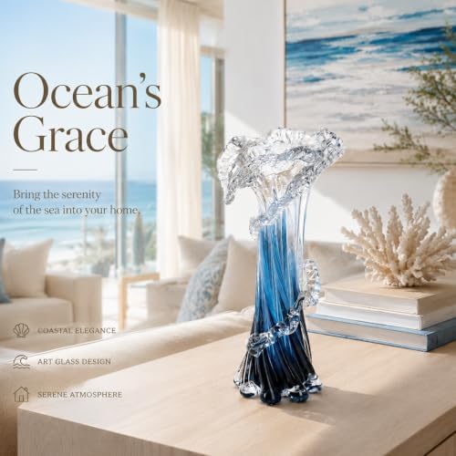 12" H Blue Blown Glass Vase, Modern Art Hand Blown Coastal Vase,Beautiful Unique Ocean Wave Centerpieces for Living Room, Bedroom, Office Desktop,Coffee Table and Wedding Decorative (L) - Image 5