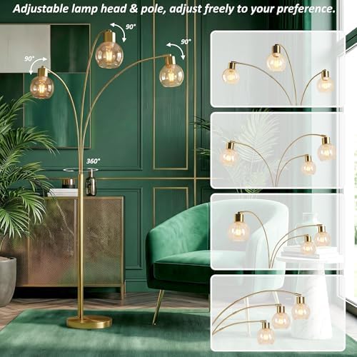 QiMH 3 Lights Floor Lamps for Living Room, 72" Tall Lamp with Amber Glass Shade, Large Tree Floor Lamp with Foot Switch, Modern Arch Floor Lamp for Bedroom Office, Brushed-Gold, 2700K Bulbs Included - Image 2