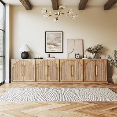 BELLEZE Set of 2 65" Sideboard Cabinet with Double-Arc Wood Doors, Large Buffet Cabinet with Storage and Adjustable Shelves, Classic Modern Console Sideboard for Living Room Kitchen Entryway (Camel) by BELLEZE