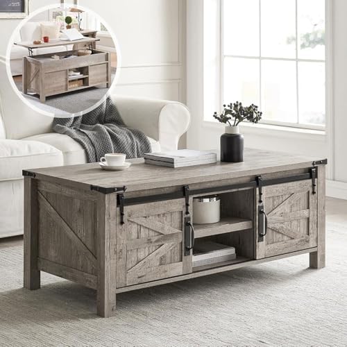 OKD 48" Farmhouse Lift Top Coffee Table Sliding Barn Door, Light Rustic Oak by OKD