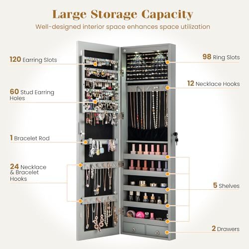 NAFORT 2 LEDs Mirror Jewelry Cabinet, 47.5-Inch Tall Wall or Door Mounted Jewelry Organizers and Storage with Frameless Full-length Mirror, Lockable Jewelry Armoire with 2 Drawers, Gray - Image 4