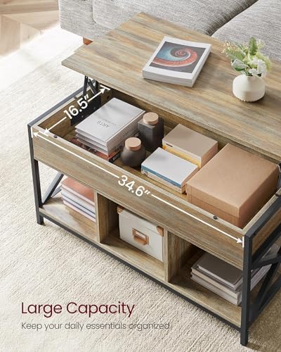 VASAGLE Lift Top Coffee Table with Storage Shelf, 3 Compartments - Image 6