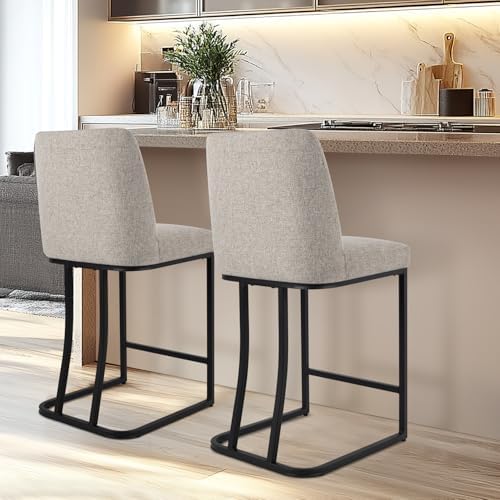 Counter Height Bar Stools Set of 2, 24 Inch Seat Height Bar Chairs for Kitchen Island, Linen Fabric Upholstered Barstools with Metal Feet for Dining Room, Sand Color - Image 5