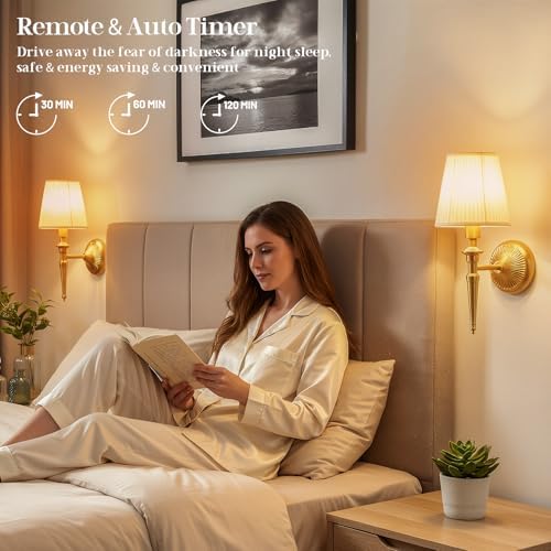 Battery Operated Wall Sconces Set of 2, Wireless Rechargeable Wall Lights with 12 RGB Colors and 3CCT Dimmable, Small Fabric LED Wall Lamps for Bedroom, Living Room, Hallway, Gold - Image 3