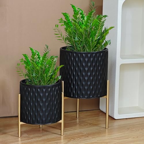 ARNIS Plants Pots with Stand, Set of 2 Planters, Unique Mid Century Decorative Metal Flower Pots with Drainage, 8.25 & 10.5 Inch, Black - Image 3