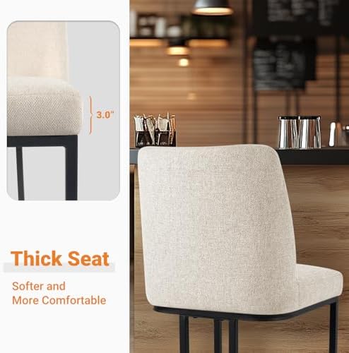 Counter Height Bar Stools Set of 2, 24 Inch Seat Height Bar Chairs for Kitchen Island, Linen Fabric Upholstered Barstools with Metal Feet for Dining Room, Beige - Image 4