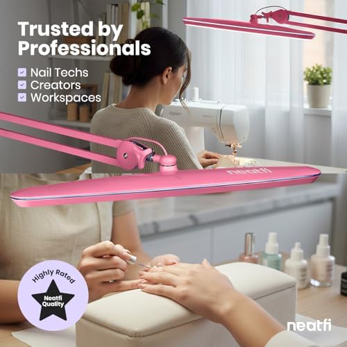 Neatfi XL 2,200 Lumens 24W LED Desk Lamp – 23” Wide Shade | Dimmable Eye-Caring Task Light | Adjustable Arm | Home Office, Study, Crafts & Nail Tech (Pink, Non-CCT with Clamp) - Image 4