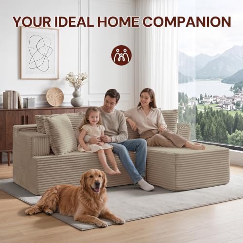 Korser Boneless Couches for Living Room, Cloud Couch Sectional with Ottoman, L-Shaped Sofa with Fluffy Comfy Corduroy Deep Seat, Bedroom, Apartment, No Assembly Required - Image 3