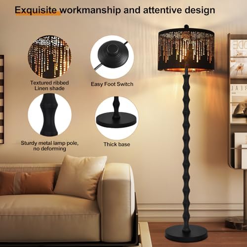 AHDWDW Vintage Floor Lamp for Living Room Bedroom,Farmhouse Rustic Floor Lamps,Modern Standing Tall Lamp with Black Unique Lampshade,Gothic Mid Century Iron Floor Lamp for Office Corner Decor - Image 3