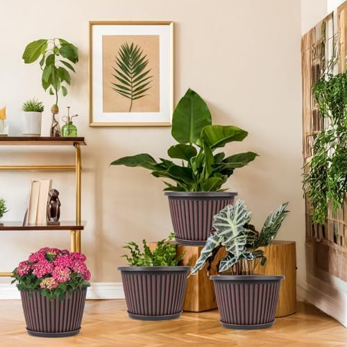 Myfeegoin Planter-Pots-for-Plants-Indoor-Outdoor, 4 Pack 10 Inch Plastic Flower Pots with Saucer & Drainage Holes, Modern Garden Planters for Planting Medium Large Plants，Decorative Resin Garden Pots - Image 6