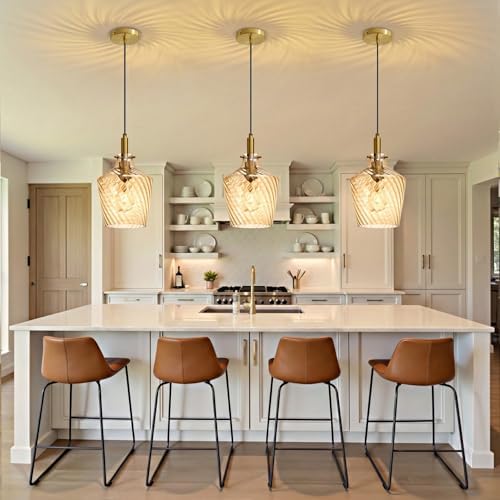 Stripes Amber Glass Pendant Light for Kitchen Island Gold 8 Inch 1 Pack - Image 2