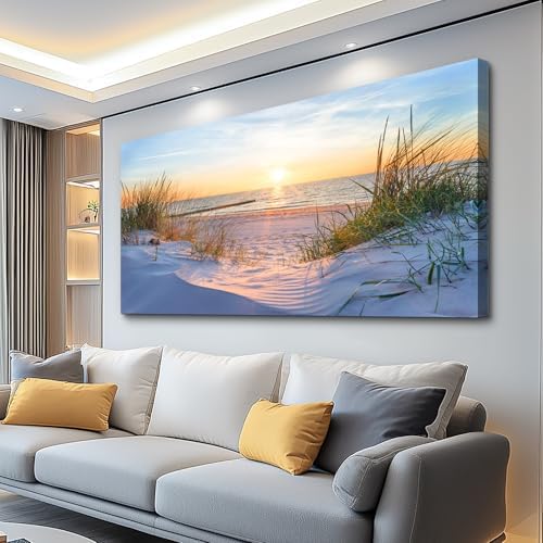 Canvas Wall Art For Living Room Super Large Size Wall Decor For Office Canvas Art Framed Pictures Artwork Blue Sun Beach Grass Ocean Landscape Paintings Bedroom Decor Seascape Draw Home Decorations by MHARTK66
