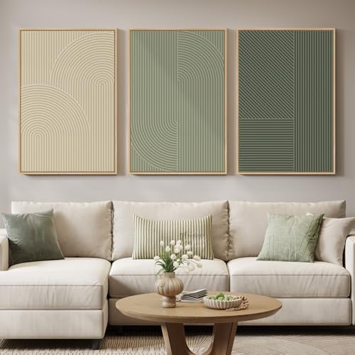 Large Framed Green Neutral Beige Abstract Wall Art for Living Room, 24x36 by Cuspin