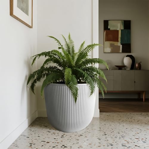 Worth Garden Round Large Planter Pot 1-Pack - 17.5" Dia x 15.5" H - Durable Plastic White Plant Tree Pots with Vertical Stripe Textured Finish, Drainage Hole for Indoor, Outdoor, Front Porch, Patio - Image 5