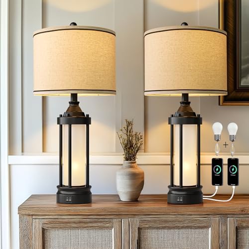 25'' Table Lamps for Bedroom Living Room Lamps Set of 2 Farmhouse Nightstand Bedside Lamps with USB Ports, Built-In Frosted Glass Night Light Industrial Metal Night Stand Lamp, Bulbs Included, Black by G-SAFAVA