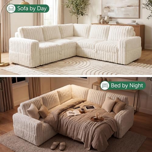 HONBAY Plush Corduroy Modular Sectional Sofa with Pull Out Bed, Convertible L Shaped Couch with Storage,Sleeper Sectional Couches for Living Room,Plush Beige - Image 4
