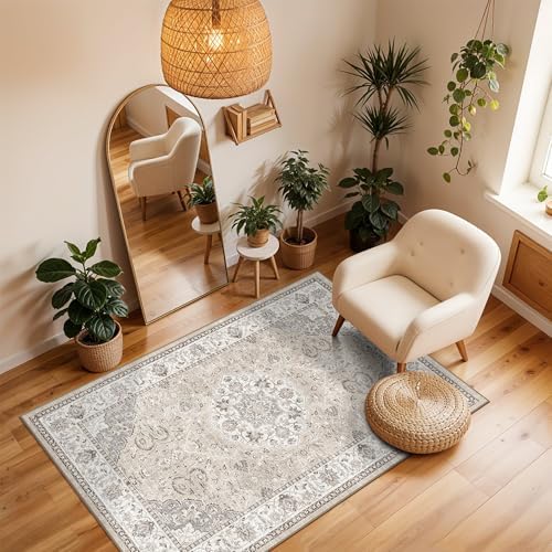 Washable Hallway 3x4 Floor Mats: Farmhouse Non-Slip Kitchen Sink Area Rug Water-Resistant Small Carpet for Living Room Bathroom Thin Soft Doormat Easy-Clean Decorative Rug for Pets Family(3x4,Beige) - Image 2
